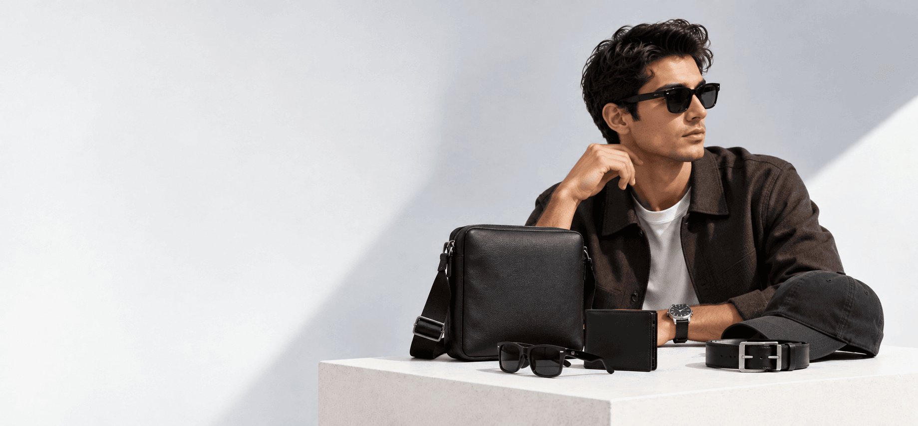Model with leather bag and accessories